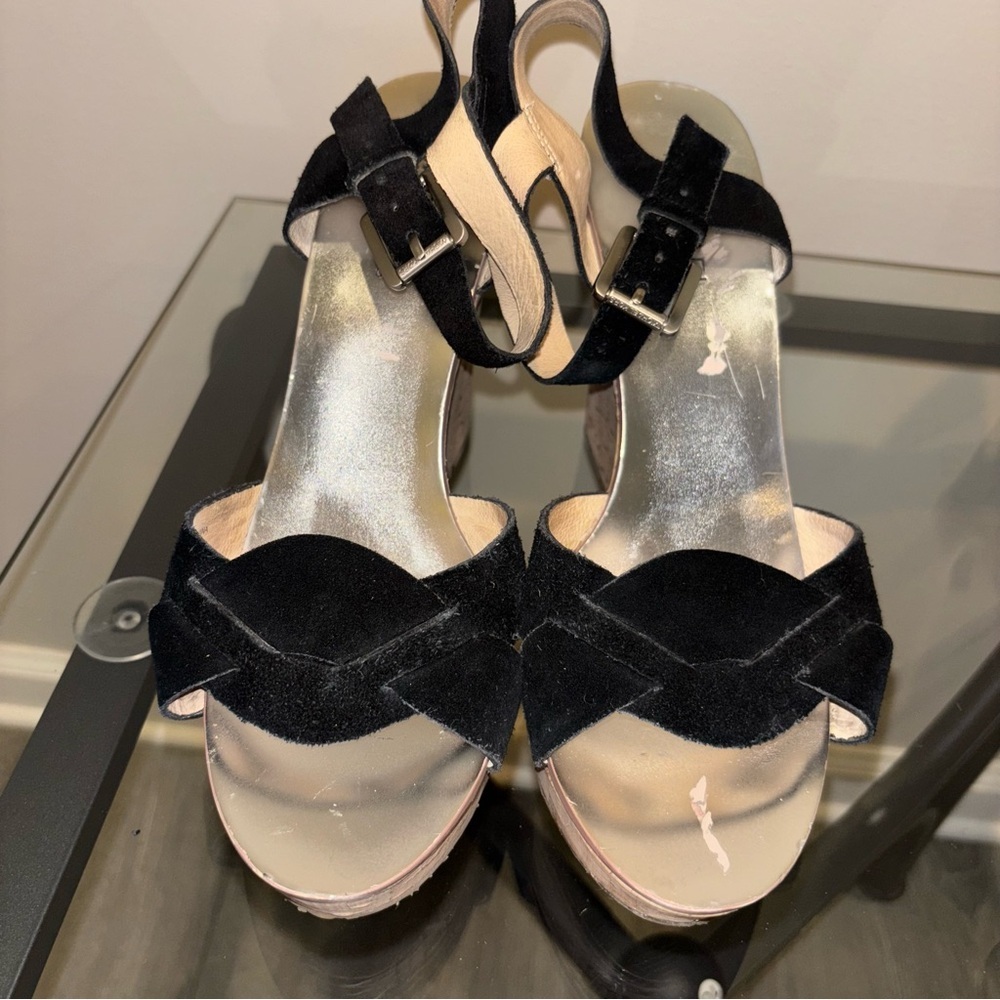 MICHAEL Michael Kors Black Suede Ankle Strap Open Toe Cork Wedge Sandals 9